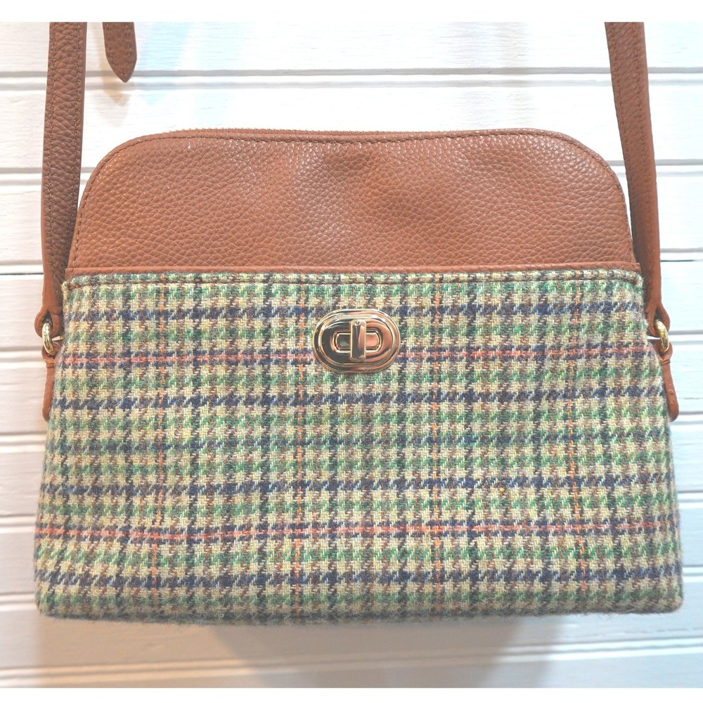 Vintage Talbots Crossbody Purse Tan Leather Wool Plaid Adjustable Strap Bag